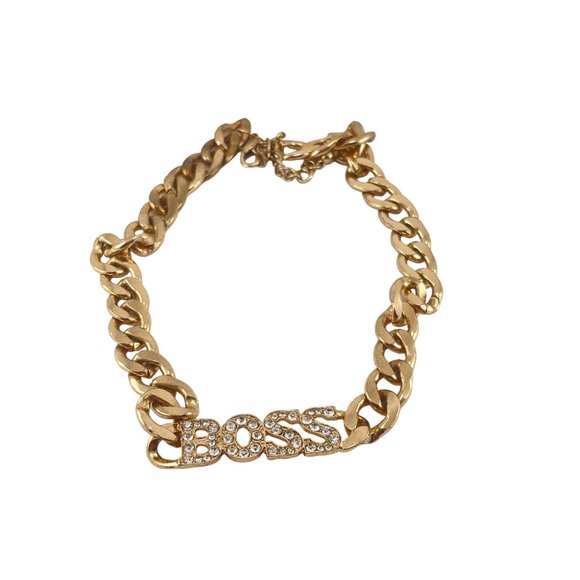 Gold-Tone Chunky Chain Necklace With Rhinestone "Boss" Pendant - Picture 1 of 9